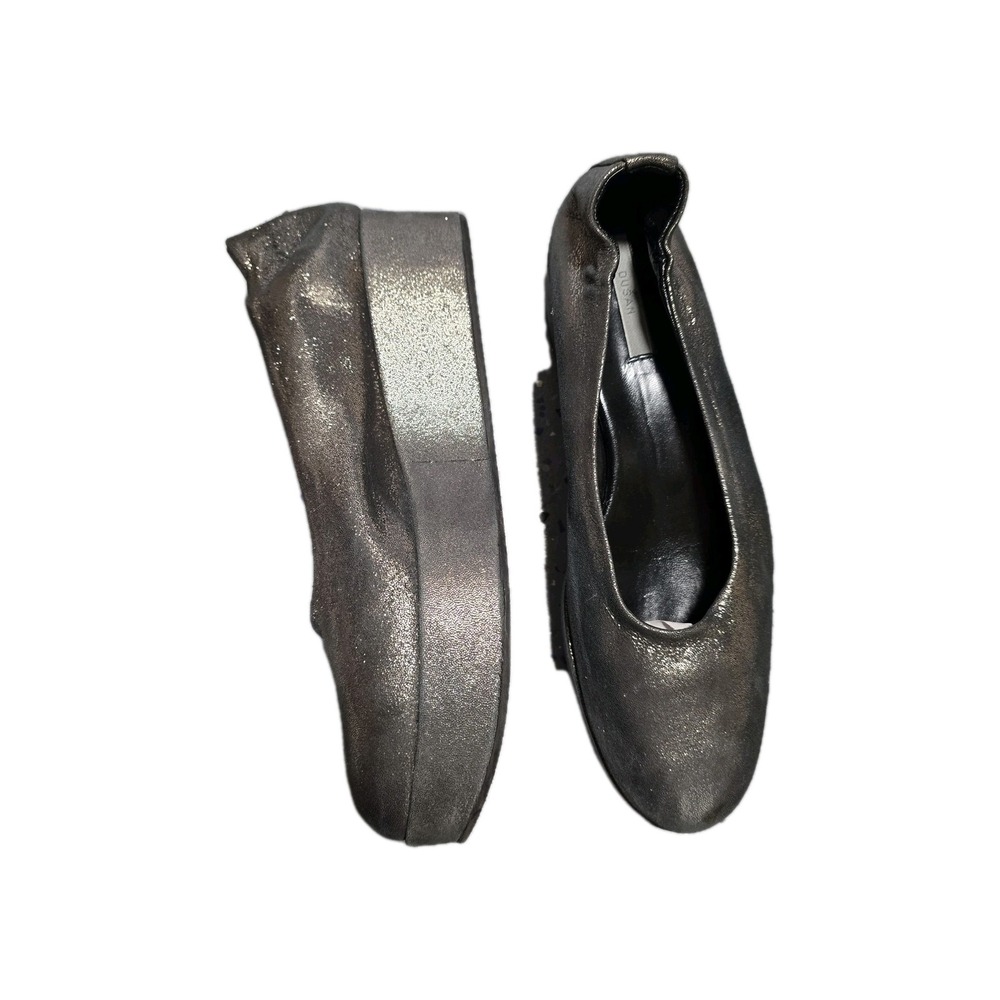 DUSAN Italy Metallic Pewter Leather Platform Wedge Ballet Flats Shoes Women's Sz